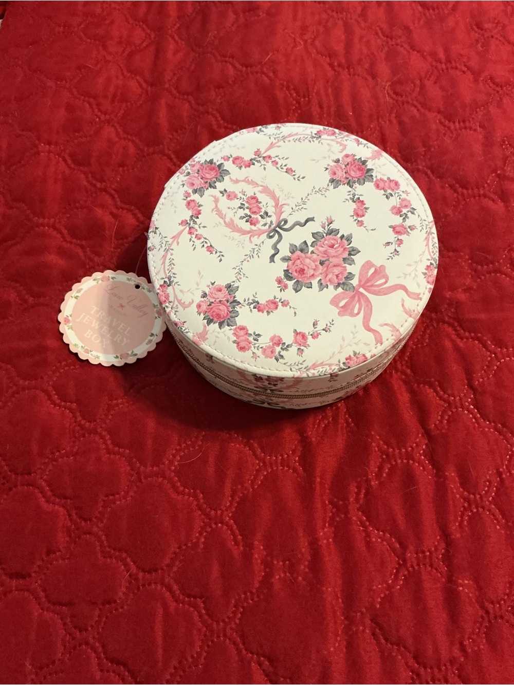 Floral Round Travel Jewelry Box with Pink Rose Ribbon Design